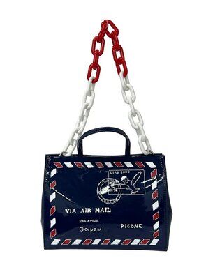 PICONE Navy White Red Patent Leather (Synthetic Leather) Tote Bag